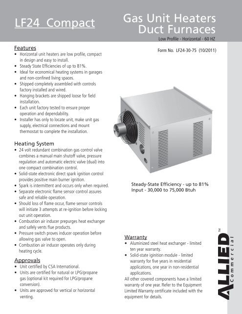 Gas Unit Heaters Duct Furnaces LF24 Compact - Allied Commercial