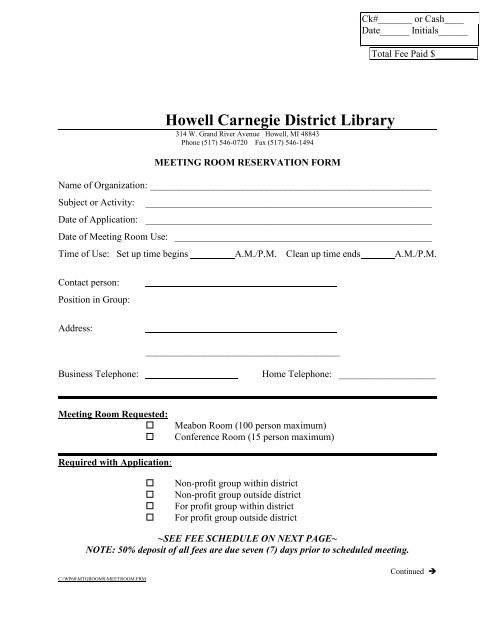 Meeting Room Reservation Form Howell Carnegie District Library