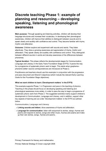 Discrete teaching Phase 1: example of planning and resourcing ...