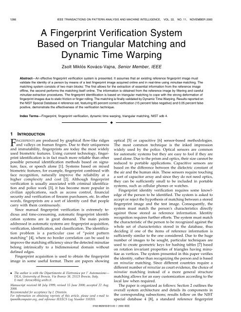 A fingerprint verification system based on triangular matching and ...