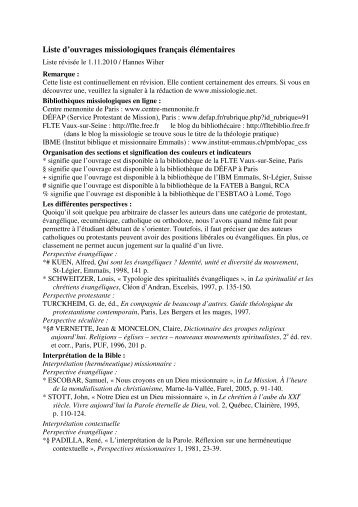 Liste d'ouvrages missiologiques franÃ§ais ... - Missiologie.net