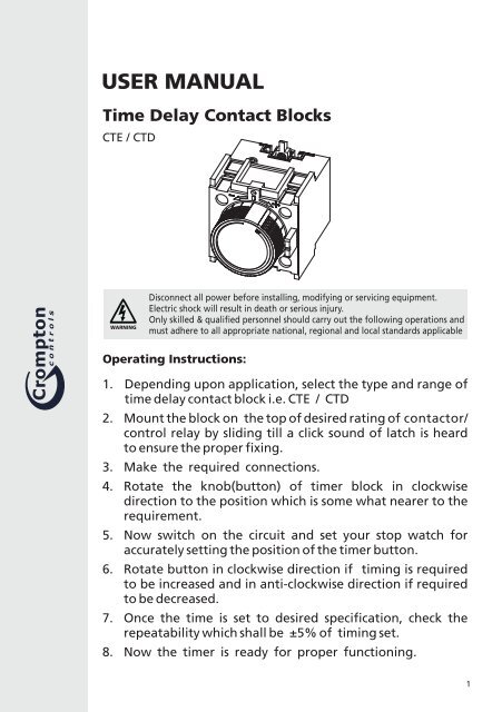 USER MANUAL Time Delay Contact Blocks CTE / CTD - Crompton ...