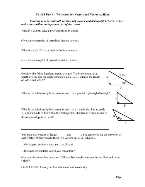 Page 1 Py105s Unit 1 A A A Worksheet For Vectors And Vector Addition