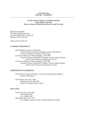 Curriculum Vitae AMANDA ANDERSON - English - Johns Hopkins ...