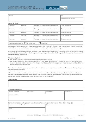 acknowledgement of receipt of foreign cheque(s) - Danske Bank