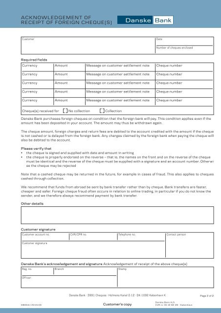 acknowledgement of receipt of foreign cheque(s) - Danske Bank