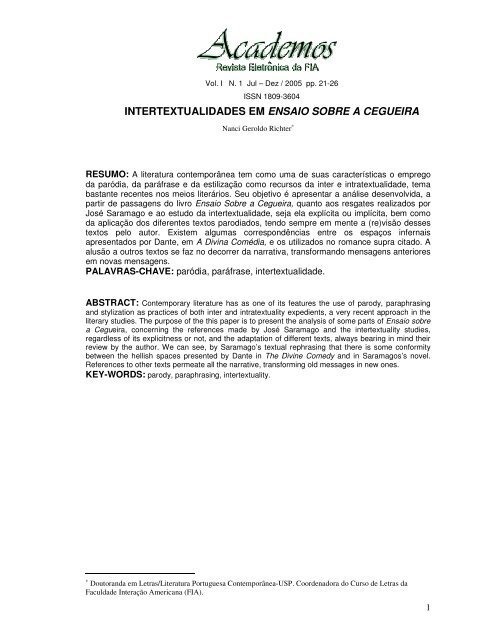 intertextualidades em ensaio sobre a cegueira - Intranet.fia.edu.br