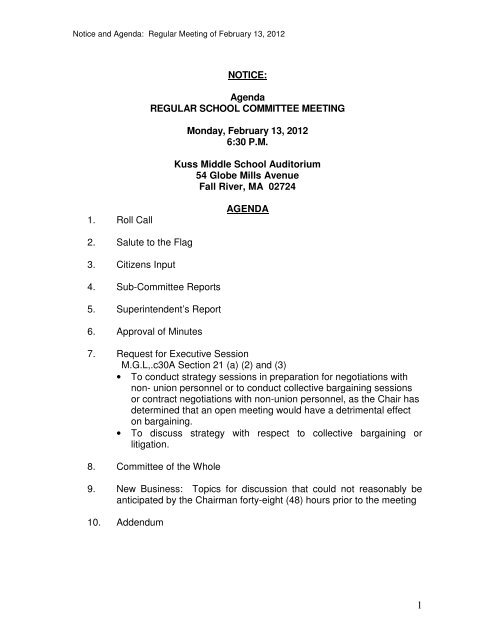 NOTICE: Agenda REGULAR SCHOOL COMMITTEE MEETING ...