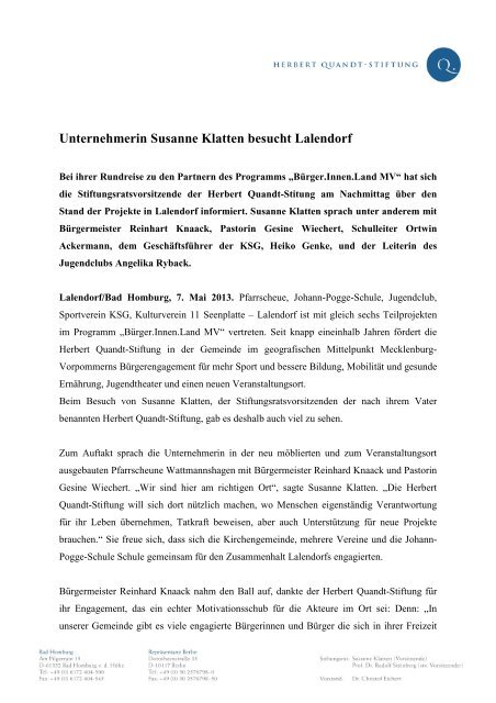 Unternehmerin Susanne Klatten besucht Lalendorf - Herbert-Quandt ...