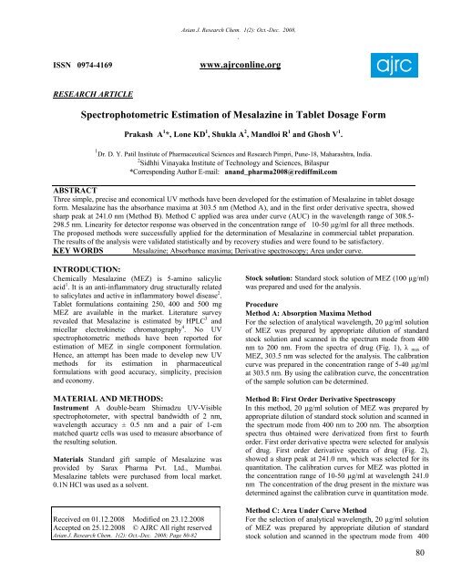 Spectrophotometric Estimation of Mesalazine in Tablet Dosage Form