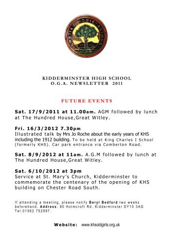 2011 Newsletter... - Kidderminster High School for Girls Old Girls ...