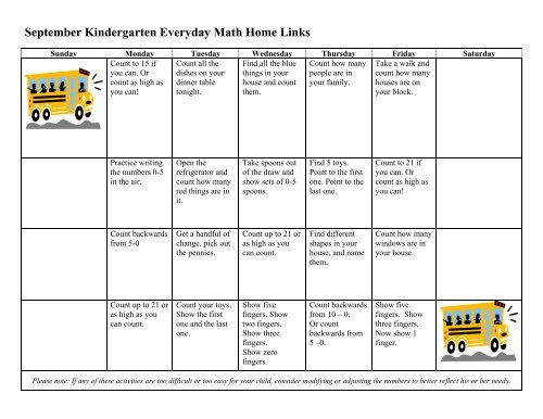 September Kindergarten Everyday Math Home Links