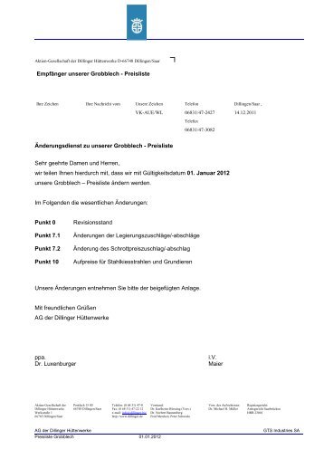 Empfänger unserer Grobblech - Preisliste Änderungsdienst zu ...