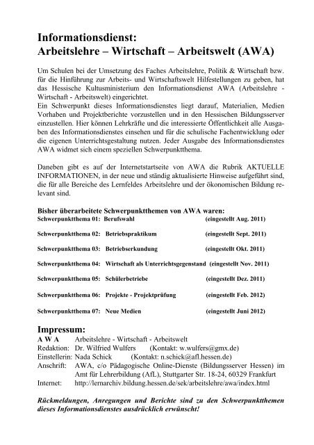 Informationsdienst: Arbeitslehre – Wirtschaft – Arbeitswelt (AWA)