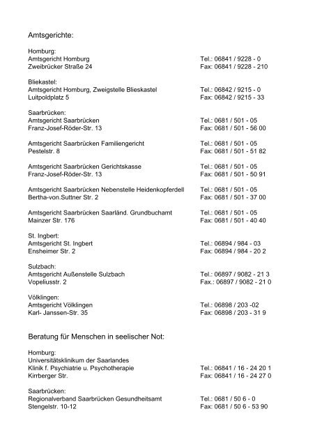 Telefon-Telefax und E-Mail-Adressen der Standesämter im Saarland