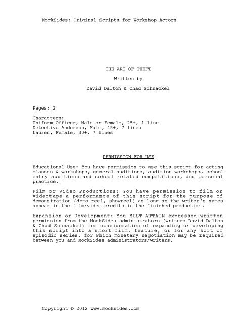 Mocksides Scripts The Art of Theft - 1 man 1 woman SIDES ONLY Script - MockSides