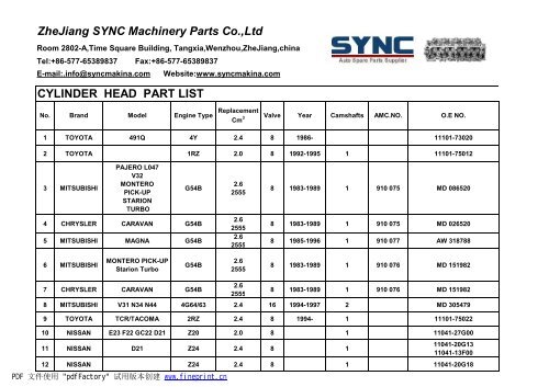 CYLINDER HEAD PART LIST