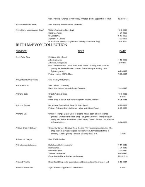 RUTH McEVOY COLLECTION - Genesee County