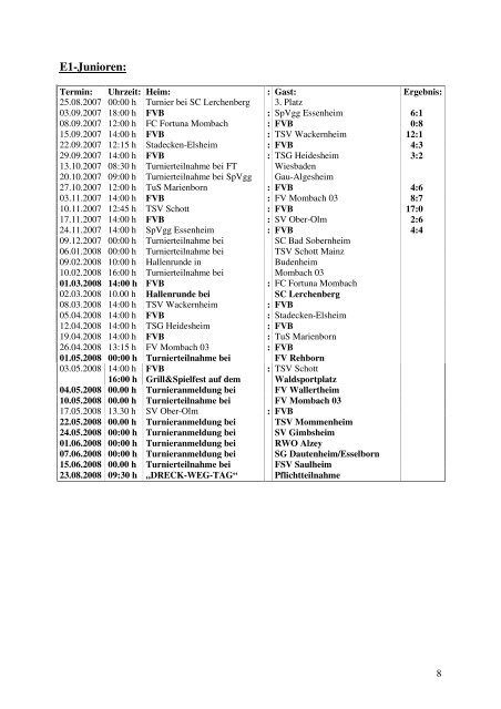 Spiel- und Turnierplan Saison 2007/08 - FV 1919 Budenheim