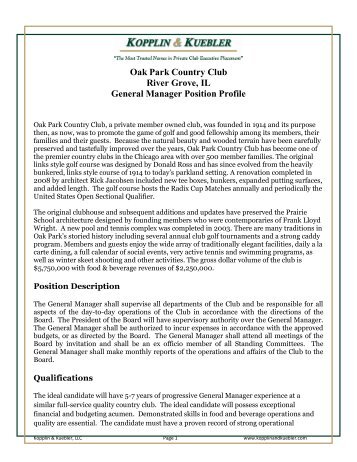 Oak Park Country Club River Grove, IL General Manager Position ...