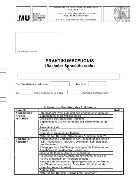 Praktikumszeugnis BA - Studiengang Sprachtherapie