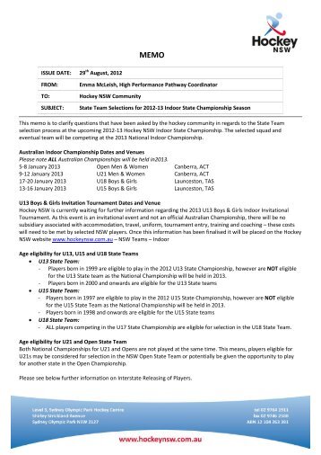 2012 -13 Hockey NSW State Team Selection Critera