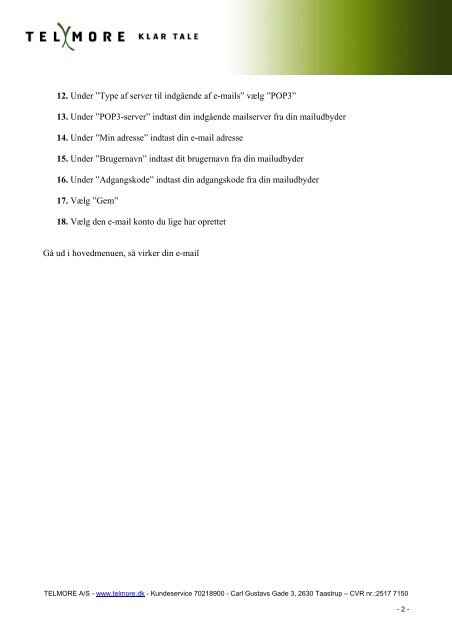 OpsÃ¦tning af E-mail - Telmore