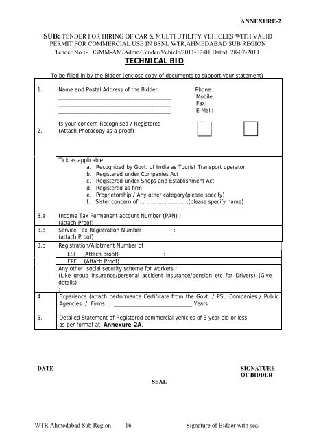 BHARAT SANCHAR NIGAM LIMITED Tender for - WTR - BSNL