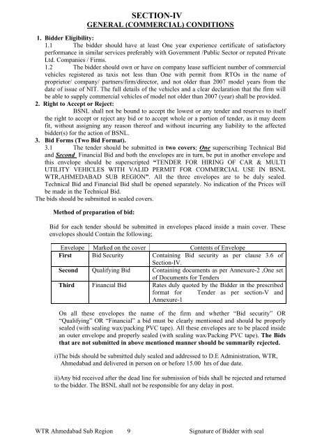 BHARAT SANCHAR NIGAM LIMITED Tender for - WTR - BSNL