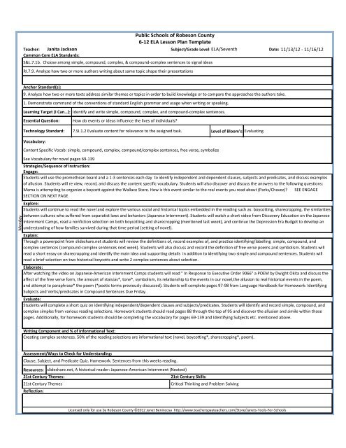 Public Schools of Robeson County 6-12 ELA Lesson Plan Template