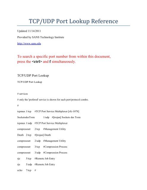 TCP/UDP Port Lookup Reference - Freelance Web Developer