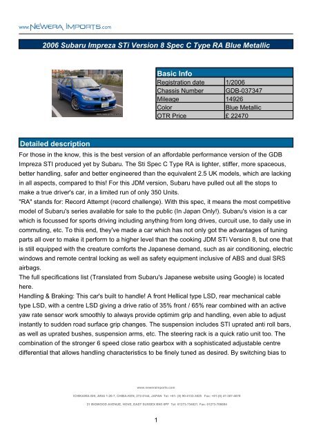 Subaru Impreza Sti Version 8 Spec C Type Ra Newera Imports
