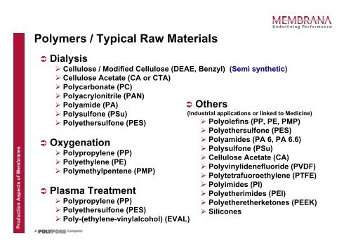 Production Aspects of Membranes used in Medical and Industrial ...