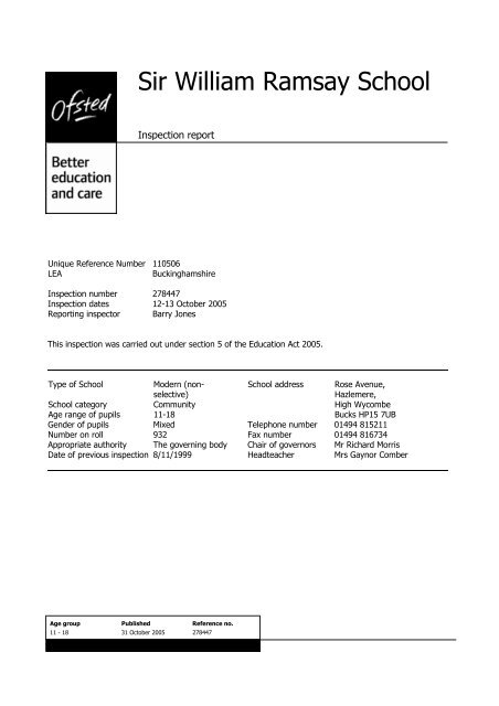 Inspection report template HMI 2507 - Sir William Ramsay School