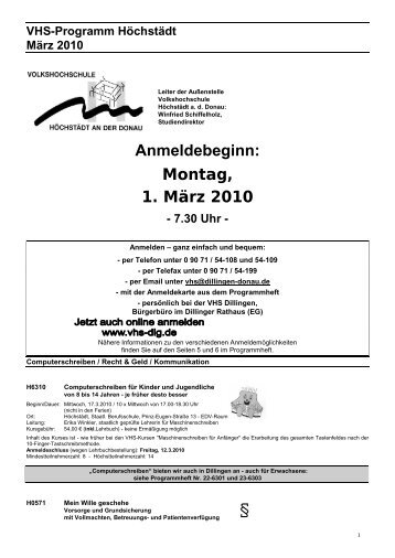 Volkshochschule Dillingen, Rathaus, Zimmer 2, Tel. 09071/54108 ...