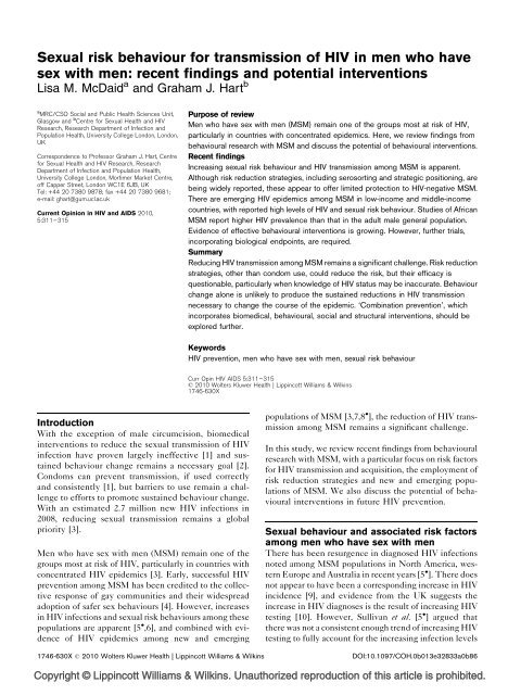 Sexual risk behaviour for transmission of HIV in men who have sex ...