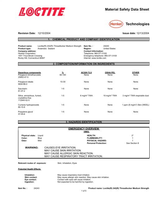 Loctite 242 MSDS Sheet - A-Dec