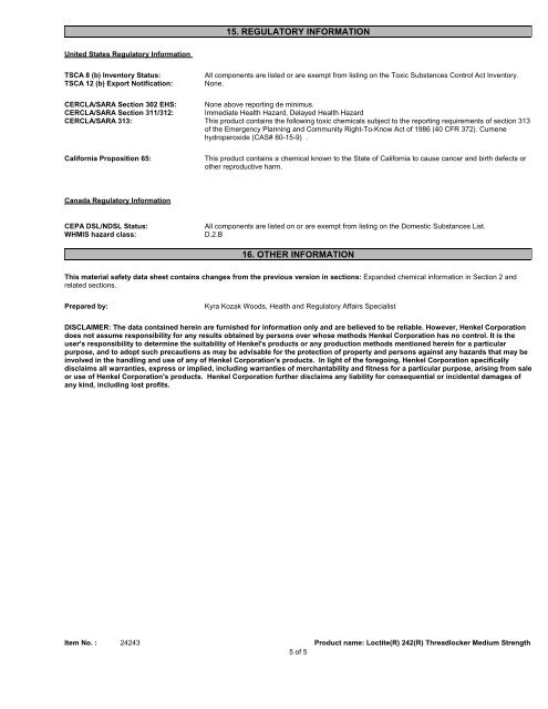 Loctite 242 MSDS Sheet - A-Dec