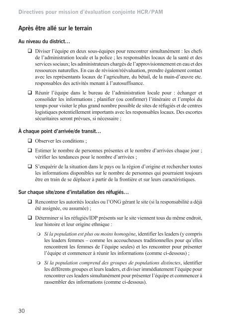 Directives pour mission d'Ã©valuation conjointe HCR/PAM