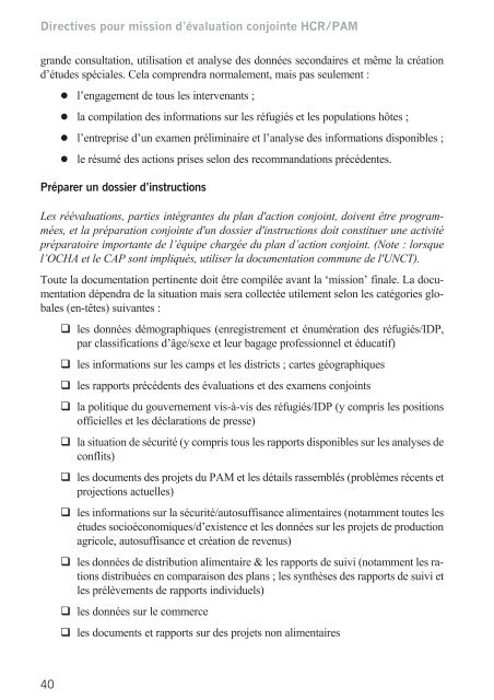 Directives pour mission d'Ã©valuation conjointe HCR/PAM