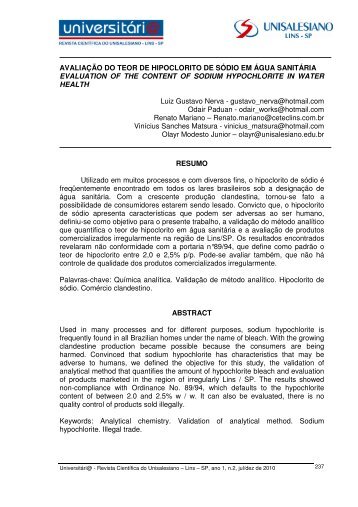 AvaliaÃ§Ã£o do teor de hipoclorito de sodio em agua ... - unisalesiano