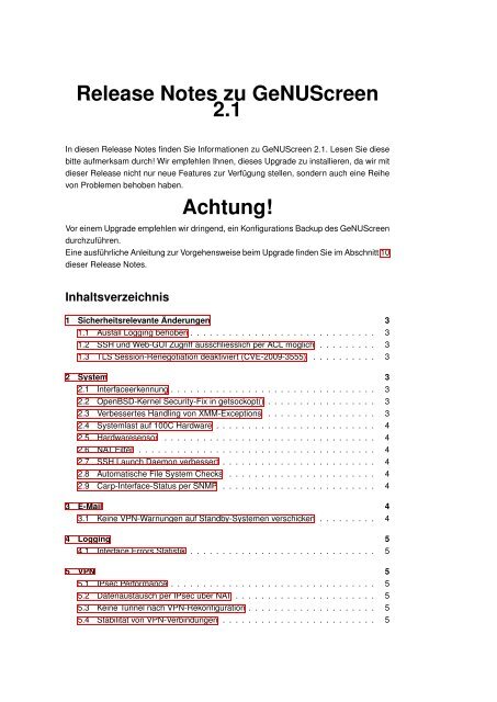 Release Notes zu GeNUScreen 2.1 Achtung! - GeNUA