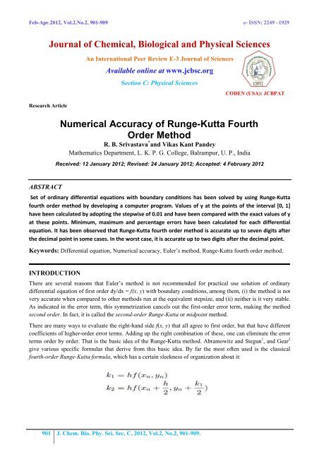 Numerical Accuracy of Runge-Kutta Fourth Order Method