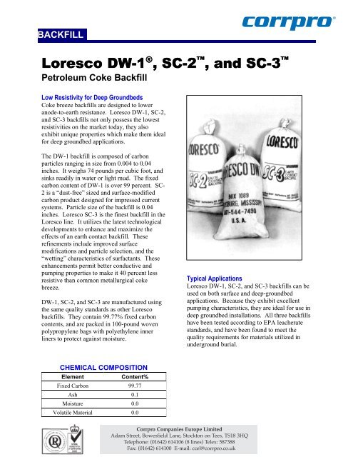 Loresco DW-1, SC-2 and SC-3 Petroleum Coke ... - Corrpro.Co.UK