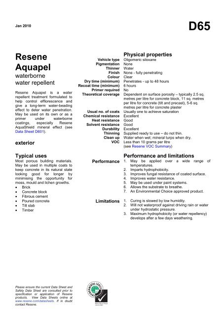 d65 - Resene Aquapel waterborne water repellent datasheet