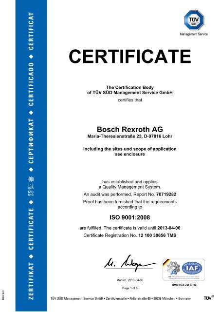 Certificate Bosch Rexroth S P A