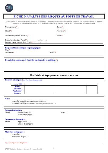 Fiche d'analyse des risques du poste de travail