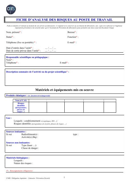 Fiche d'analyse des risques du poste de travail