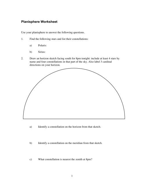 Planisphere Worksheet - University of Mount Union