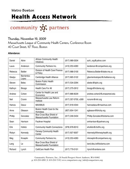 contact list and agenda - Community Partners
